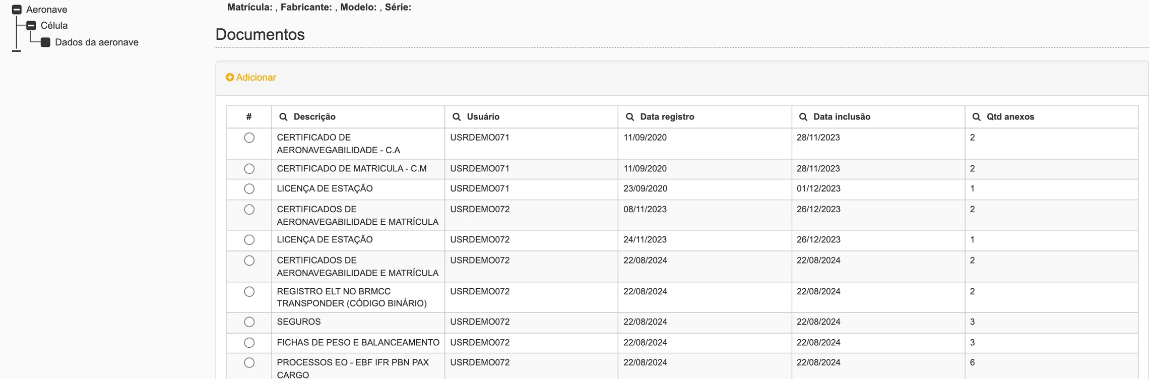 Tela do tendAero com a documentação da aeronave: certificados de aeronavegabilidade e matrícula, licença de estação, seguros e fichas de peso e balanceamento, com anexos e datas