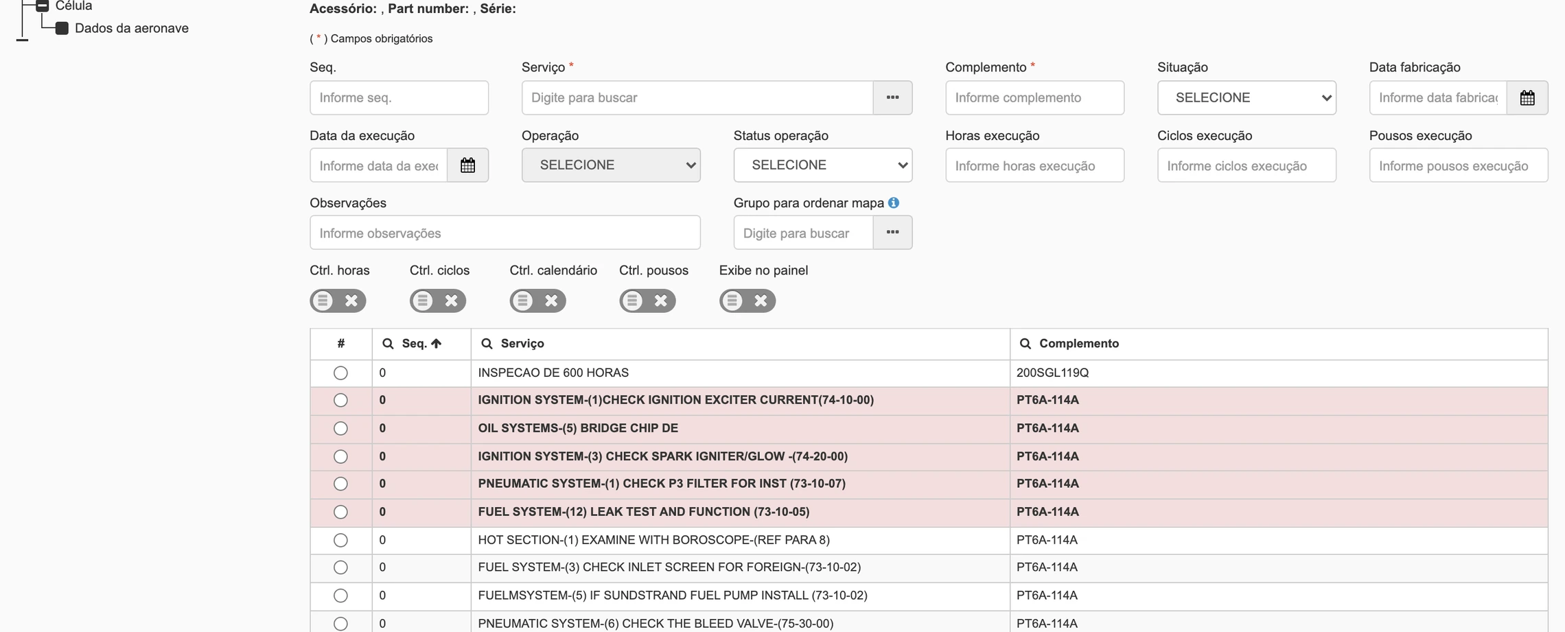 Tela do tendAero com os serviços do motor PT6A-114A de uma aeronave: sistemas de ignição, óleo, pneumático e combustível, com itens em alerta destacados