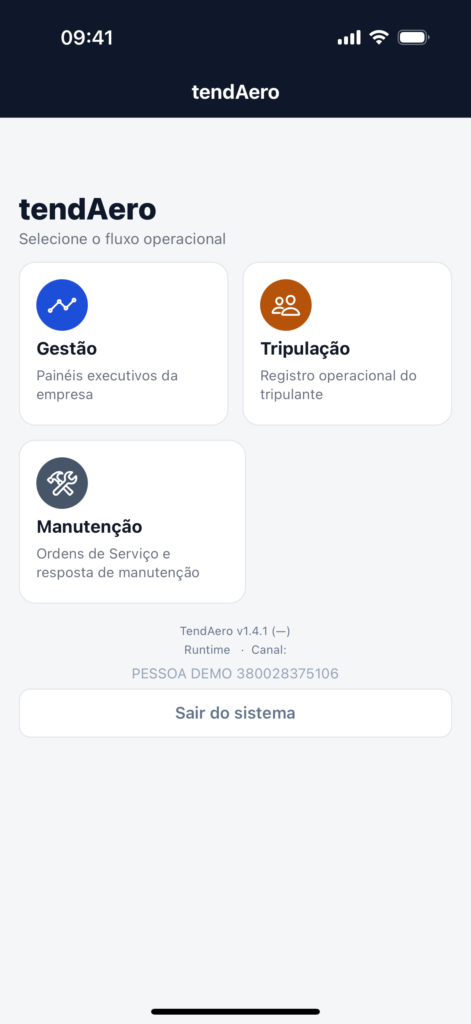 Tela inicial do tendAero Mobile com os módulos Gestão, Tripulação e Manutenção no mesmo aplicativo