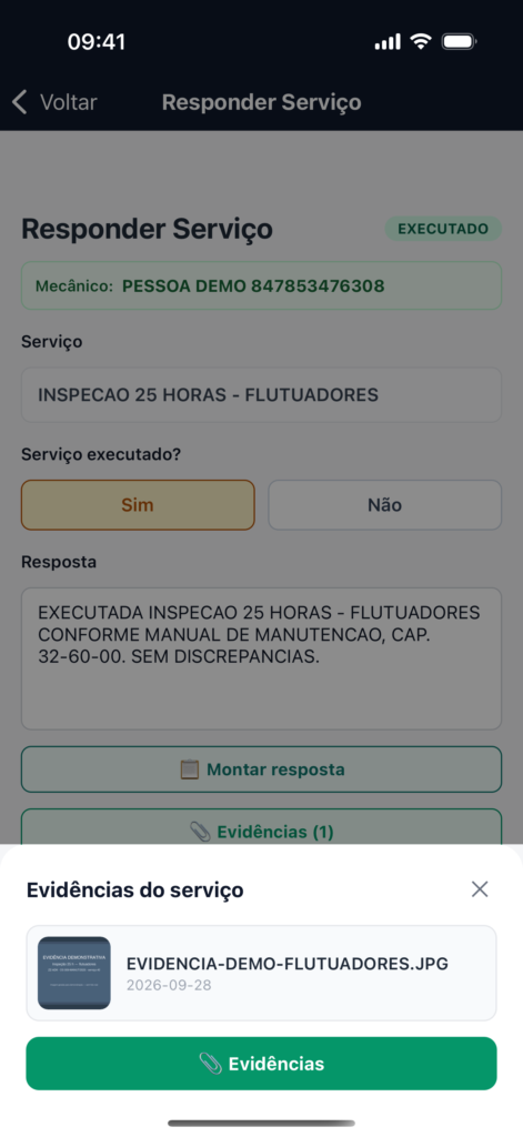 Painel Evidências do serviço no tendAero Mobile mostrando a foto anexada ao serviço