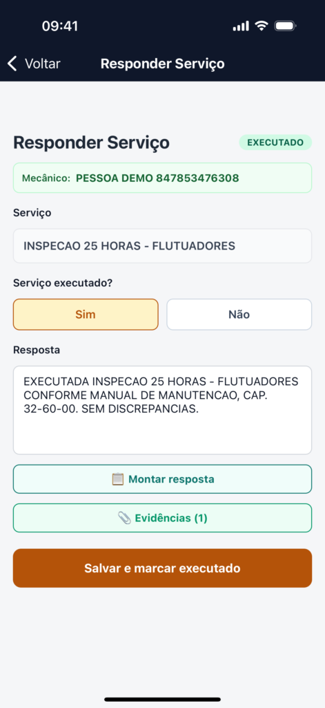 Tela Responder Serviço do tendAero Mobile com o serviço executado, a resposta registrada e uma evidência anexada