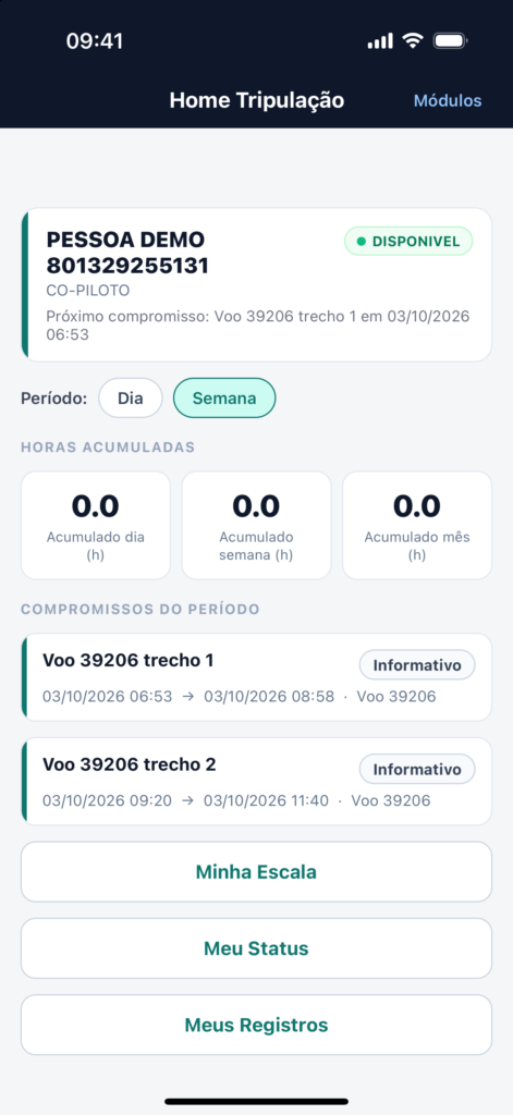 Home Tripulação do tendAero Mobile com o próximo compromisso e os compromissos da semana do tripulante