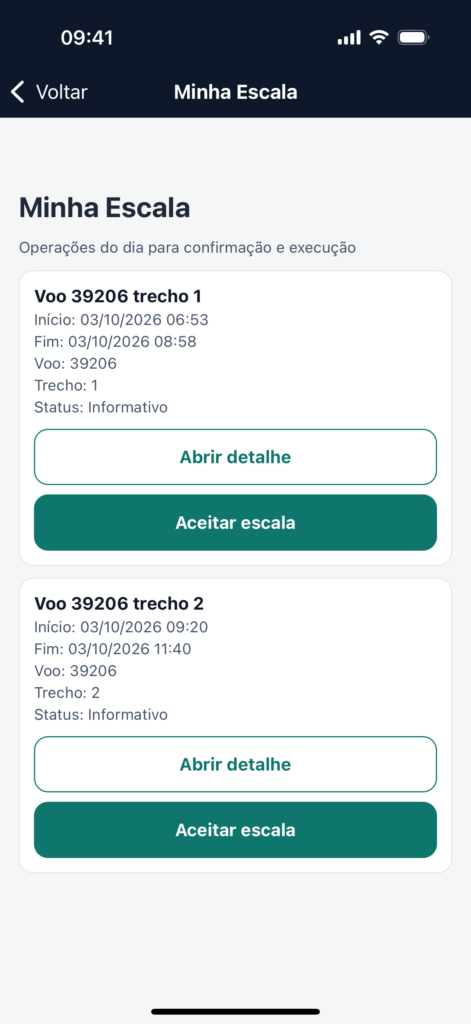 Tela Minha Escala do tendAero Mobile com os trechos do voo, horários e status