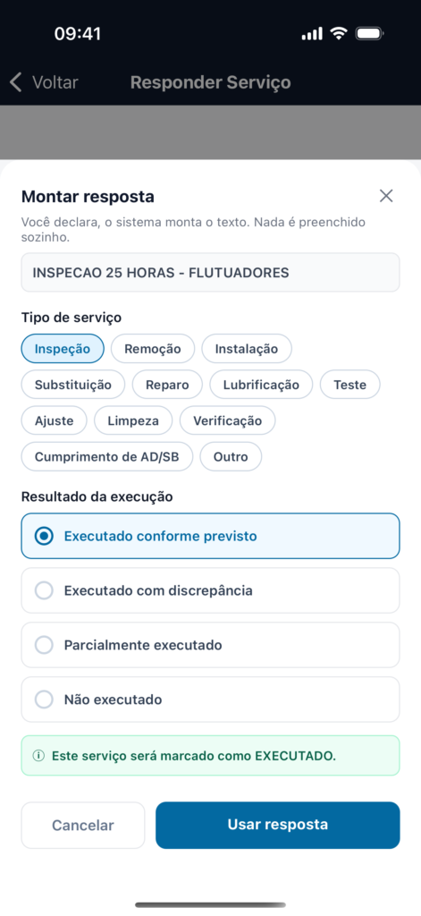 Tela Montar resposta do tendAero Mobile para estruturar o registro da execução do serviço