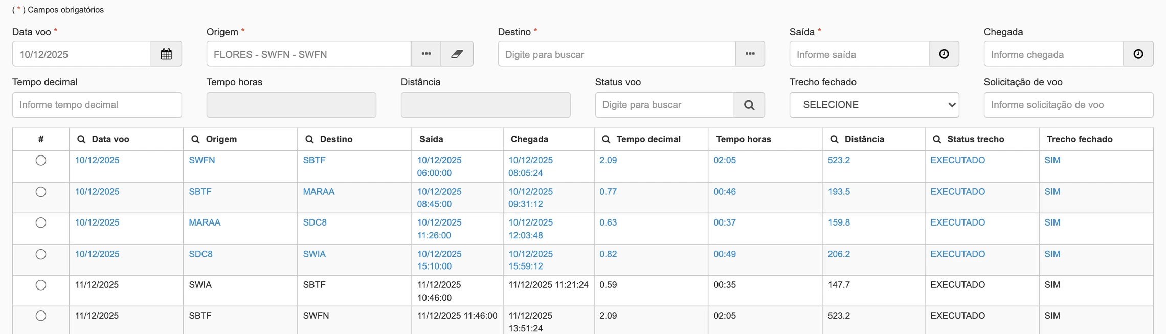 Tela do tendAero com os trechos de um voo: data, origem, destino, saída, chegada, tempo, distância e status de cada trecho executado