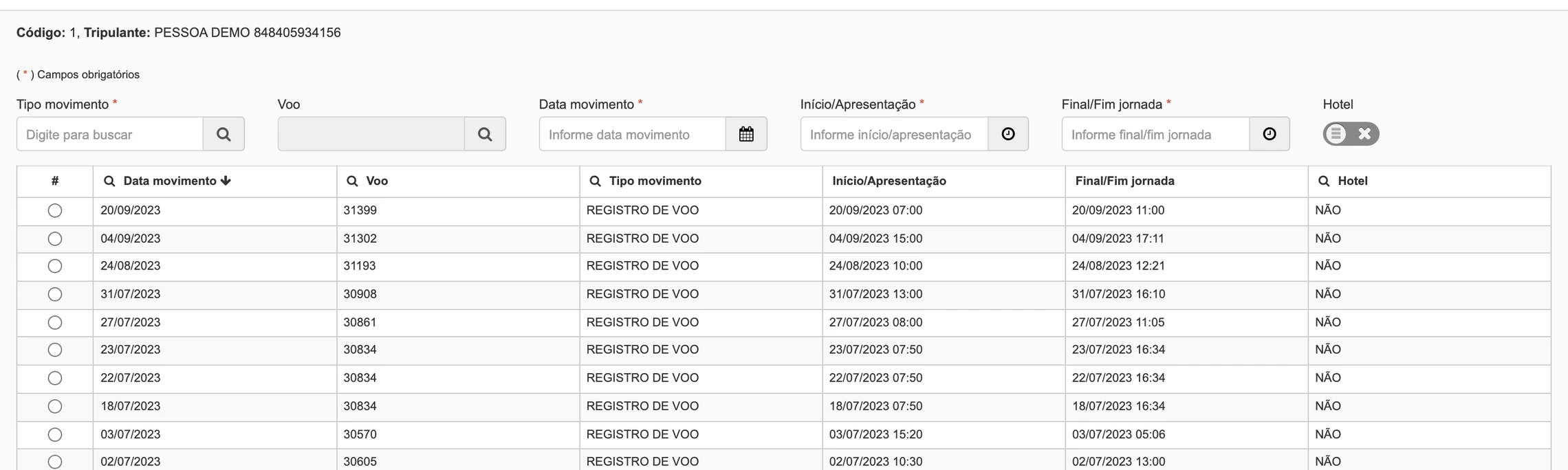 Tela do tendAero com o registro de voos de um tripulante: data, número do voo, apresentação e fim de jornada